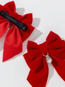 2 chiếc nơ & ngọc trai giả kẹp tóc cá sấu trang trí - Đỏ - Xem 3