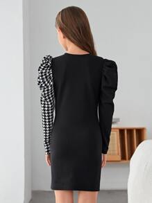 SHEIN 小女孩牙綫紋留肩寬袖裙,無腰帶款式 - 黑色 - 查看 4