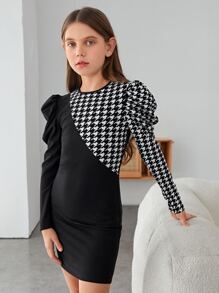 SHEIN 小女孩牙綫紋留肩寬袖裙,無腰帶款式 - 黑色 - 查看 1