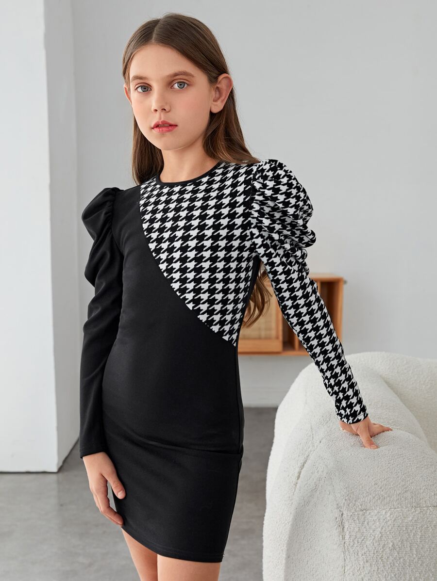 SHEIN 小女孩牙綫紋留肩寬袖裙,無腰帶款式 - 黑色 - 查看 1