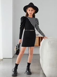 SHEIN 小女孩牙綫紋留肩寬袖裙,無腰帶款式 - 黑色 - 查看 2