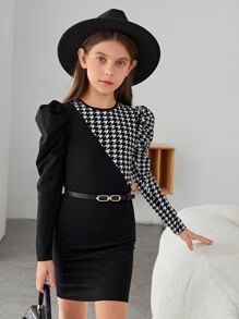 SHEIN 小女孩牙綫紋留肩寬袖裙,無腰帶款式 - 黑色 - 查看 6