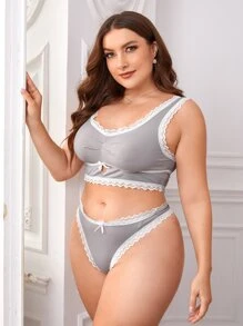 大碼蕾絲邊鏤空內衣套裝 - 淺灰色 - 查看 3