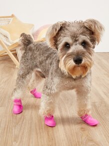 4pcs Letter Graphic Pet Rain Boots,Adjustable Straps & Waterproof Outdoor Booties For Snow & Rain - Pink - View 1