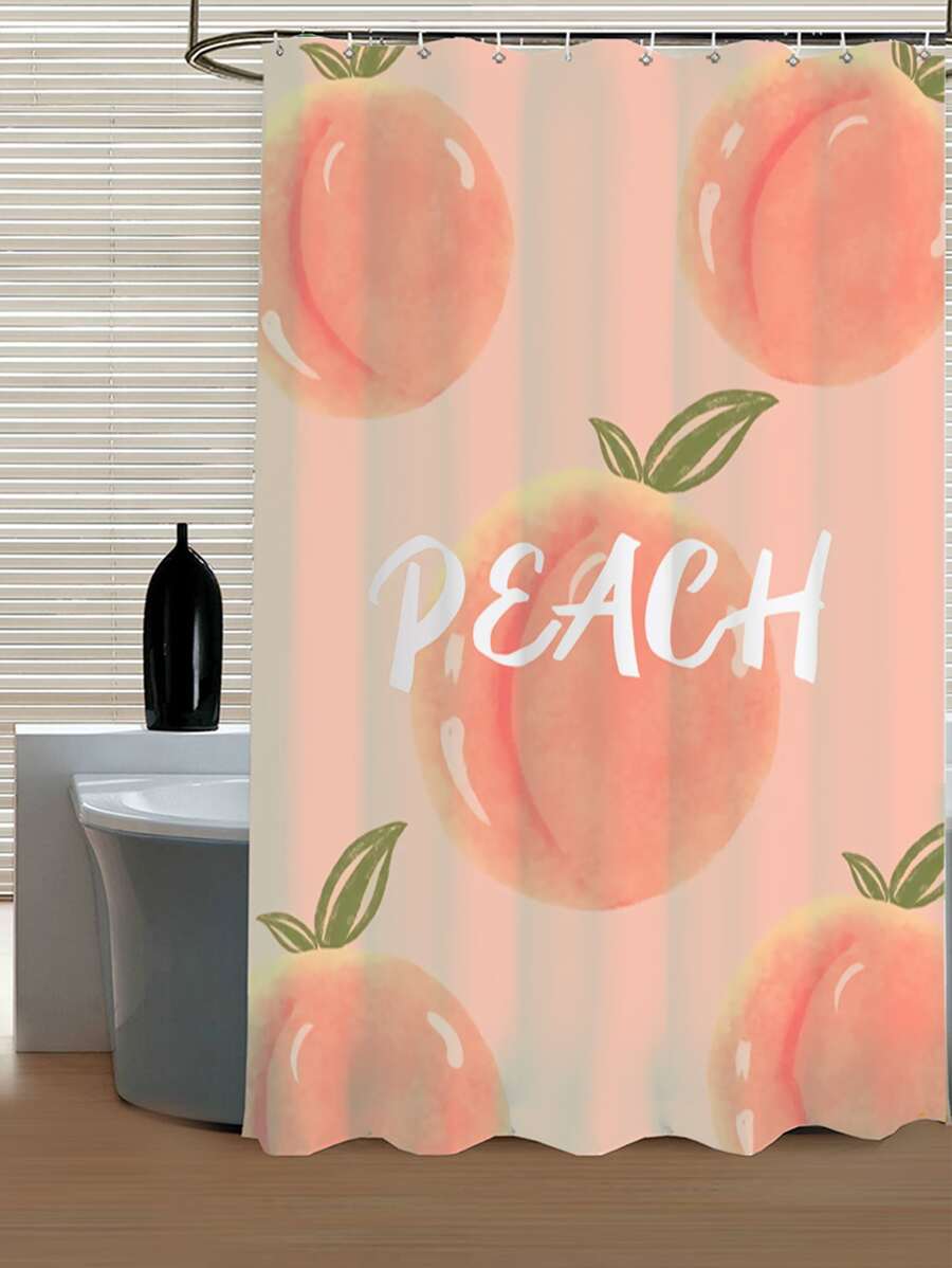 1pc Peach & Letter Graphic Waterproof Shower Curtain - Multicolor - View 1