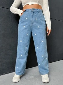 SHEIN EZwear Plus Heart Embroidery Straight Leg Jeans - Light Wash - View 5