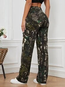 SHEIN Tall Quần jean nữ Nút Túi Dây kéo Thực vật - xanh quân đội - Xem 2