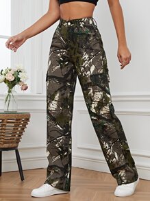 SHEIN Tall Quần jean nữ Nút Túi Dây kéo Thực vật - xanh quân đội - Xem 3