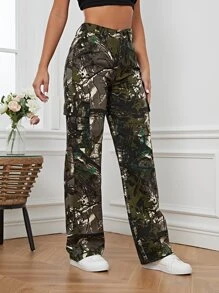SHEIN Tall Quần jean nữ Nút Túi Dây kéo Thực vật - xanh quân đội - Xem 5