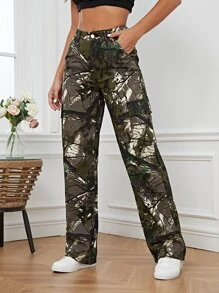 SHEIN Tall Quần jean nữ Nút Túi Dây kéo Thực vật - xanh quân đội - Xem 6