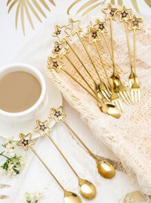 6pcs Star Decor Spoon & 6pcs Fork Set - Gold - View 1