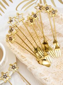 6pcs Star Decor Spoon & 6pcs Fork Set - Gold - View 5