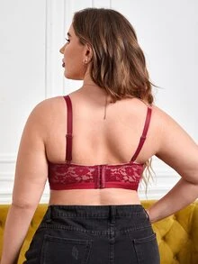 Plus Floral Lace Underwire Bra - Burgundy - View 2
