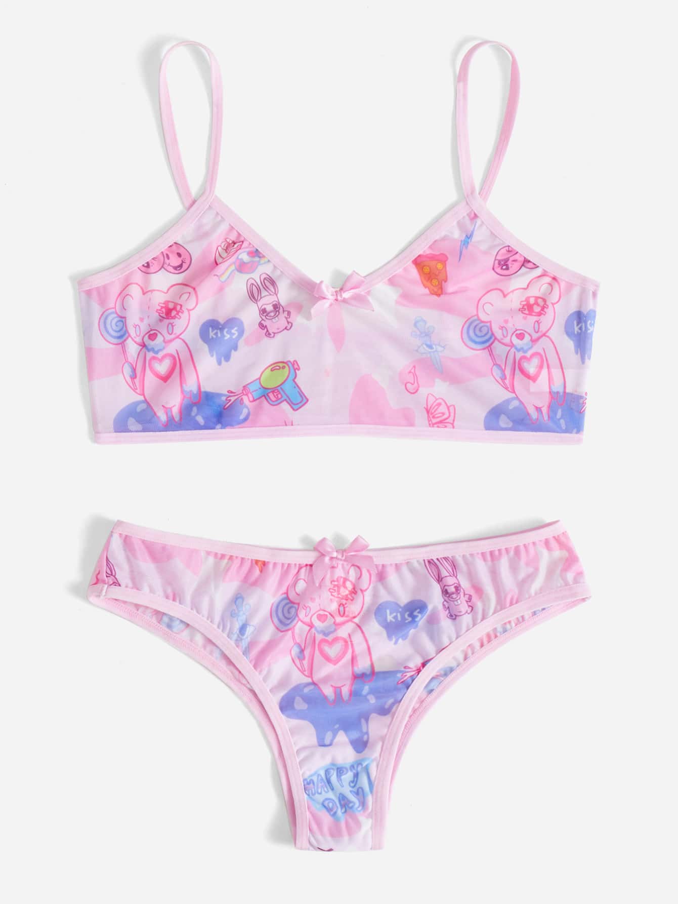 GT Cartoon Graphic Bow Decor Lingerie Set - Pink - View 1