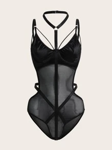 ROMWE Goth 網紗環鏈性感緊身連體衣 - 黑色 - 查看 5