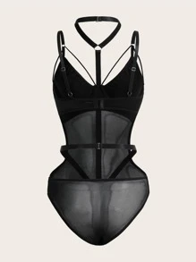 ROMWE Goth 網紗環鏈性感緊身連體衣 - 黑色 - 查看 2