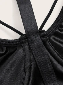 ROMWE Goth 網紗環鏈性感緊身連體衣 - 黑色 - 查看 4