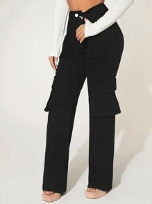 SHEIN SXY 翻蓋口袋工裝牛仔褲 - 黑色 - 查看 2