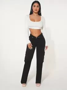 SHEIN SXY 翻蓋口袋工裝牛仔褲 - 黑色 - 查看 4