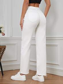 High Waist Ripped Straight Leg Jeans - White - View 2