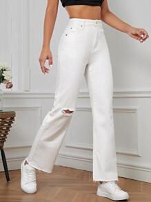 High Waist Ripped Straight Leg Jeans - White - View 4