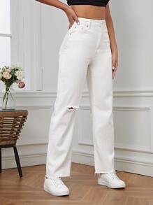 High Waist Ripped Straight Leg Jeans - White - View 5