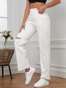 High Waist Ripped Straight Leg Jeans - White - View 6