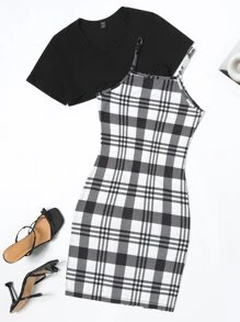 SHEIN Unity Bộ đồ hai mảnh nữ Sọc ca rô Giải trí - màu đen - Xem 1