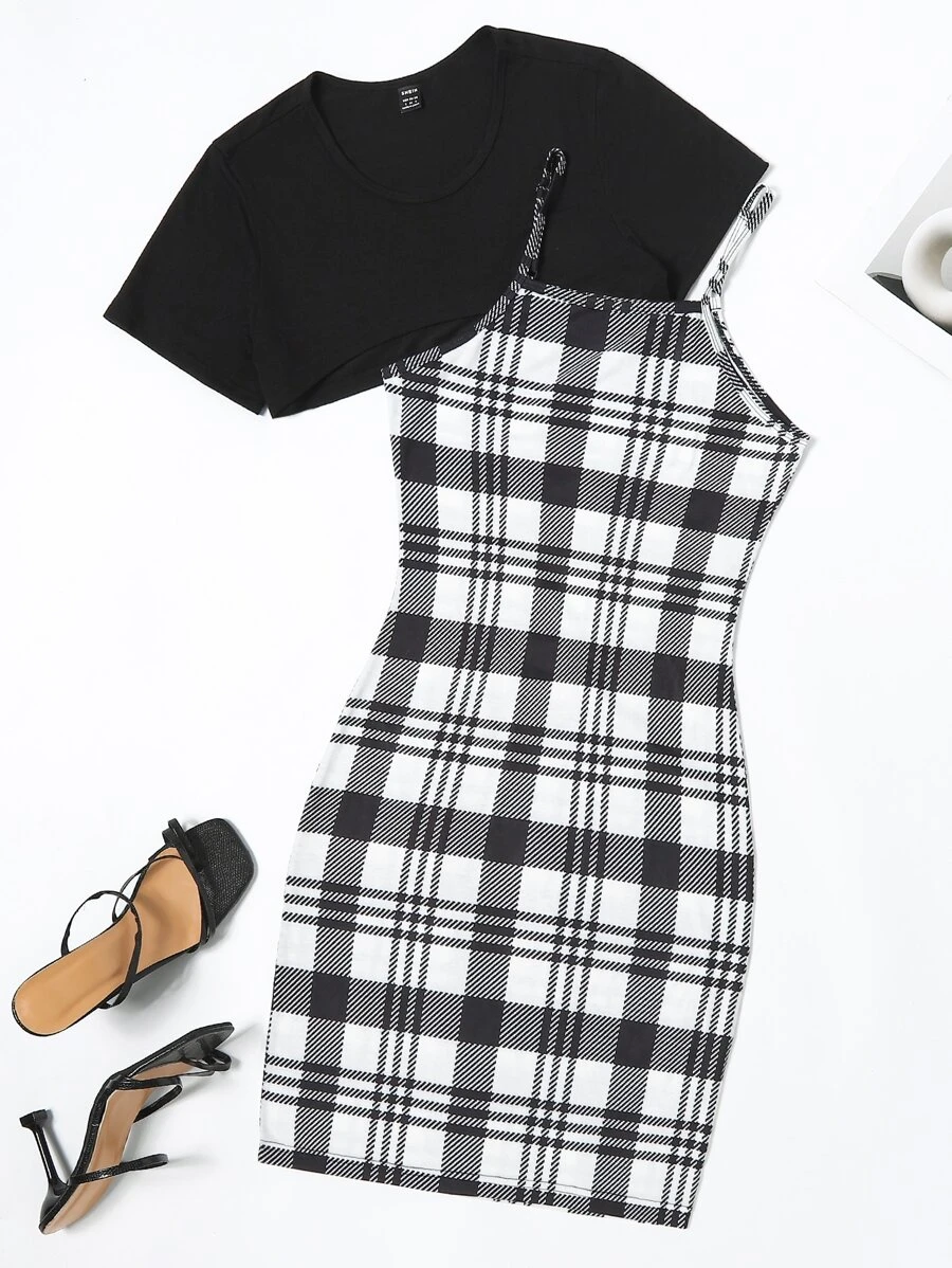 SHEIN Unity Bộ đồ hai mảnh nữ Sọc ca rô Giải trí - màu đen - Xem 1