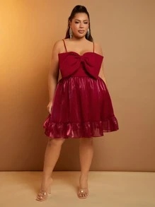 SHEIN SXY Plus Big Bow Front Ruffle Hem Cami Dress - Burgundy - View 4