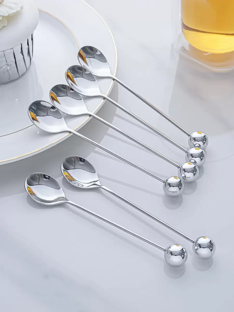 2pcs/Set Gold/Silver Beaded Decorative Ball Spoons, Coffee Spoons, Cake & Snack Spoons - Silver - View 1