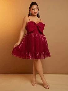 SHEIN SXY Plus Big Bow Front Ruffle Hem Cami Dress - Burgundy - View 3