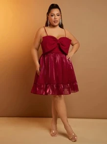 SHEIN SXY Plus Big Bow Front Ruffle Hem Cami Dress - Burgundy - View 5