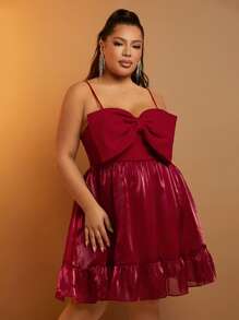 SHEIN SXY Plus Big Bow Front Ruffle Hem Cami Dress - Burgundy - View 1
