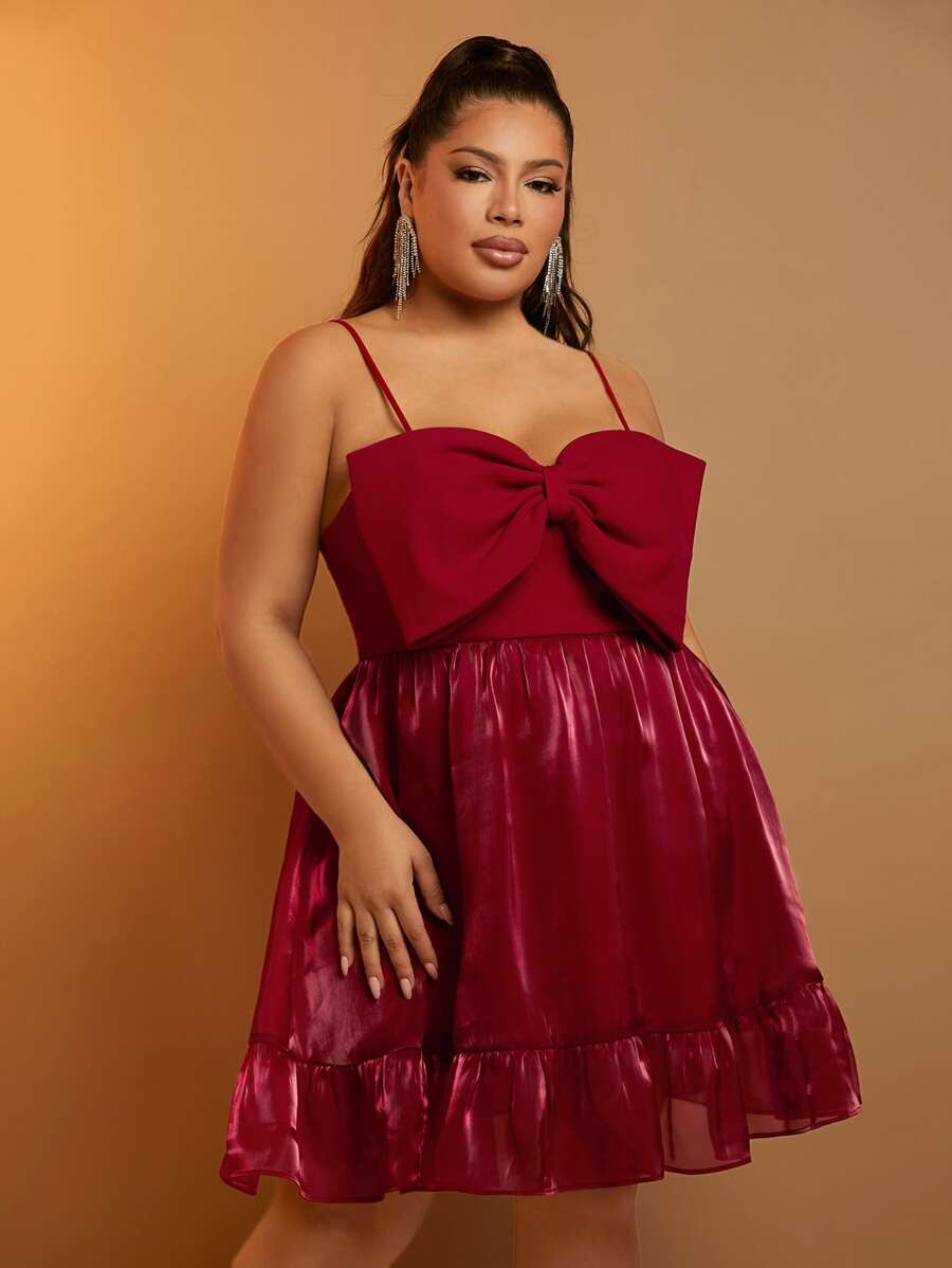 SHEIN SXY Plus Big Bow Front Ruffle Hem Cami Dress - Burgundy - View 1