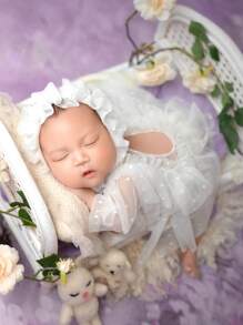 Newborn Photography Contrast Mesh Ruffle Trim Bodysuit & Hat - White - View 8