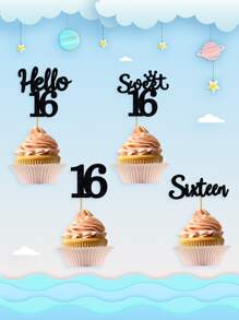 Decoraciones para pasteles de cumpleaños Número 16 con el mensaje "Hello" 4 diseños de 3 piezas cada , para un total de 12 piezas por paquete - Negro - Ver 1