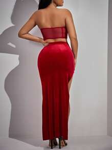 SHEIN SXY Contrast Mesh Velvet Tube Top & Split Thigh Skirt - Red - View 2