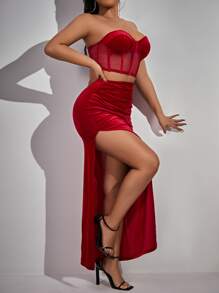 SHEIN SXY Contrast Mesh Velvet Tube Top & Split Thigh Skirt - Red - View 6