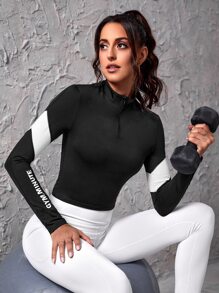 Letter Graphic Quarter Zip Sports Tee - Black - View 1