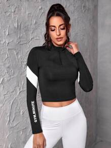 Letter Graphic Quarter Zip Sports Tee - Black - View 4