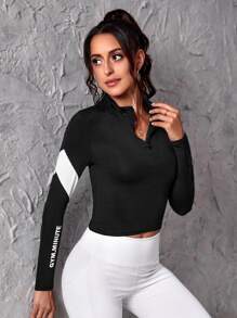 Letter Graphic Quarter Zip Sports Tee - Black - View 5