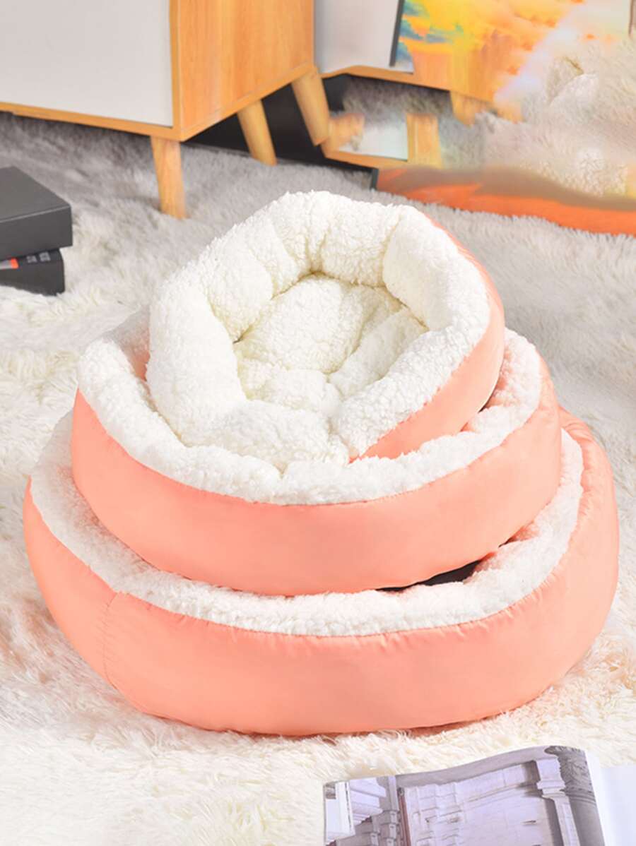 1pc Plush Inside Round Pet Bed - Pink - View 1