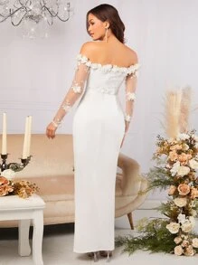 SHEIN Belle Vestido de novia de hombros descubiertos aplique de manga de malla de muslo con abertura - Blanco - Ver 2