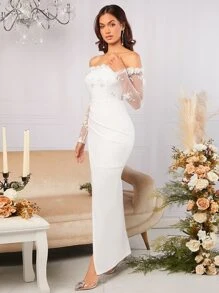 SHEIN Belle Vestido de novia de hombros descubiertos aplique de manga de malla de muslo con abertura - Blanco - Ver 3