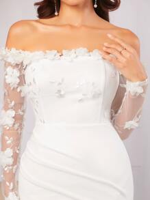 SHEIN Belle Vestido de novia de hombros descubiertos aplique de manga de malla de muslo con abertura - Blanco - Ver 4