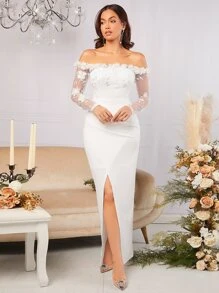 SHEIN Belle Vestido de novia de hombros descubiertos aplique de manga de malla de muslo con abertura - Blanco - Ver 5