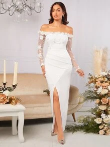 SHEIN Belle Vestido de novia de hombros descubiertos aplique de manga de malla de muslo con abertura - Blanco - Ver 6
