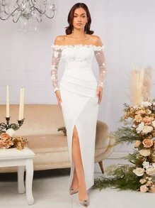 SHEIN Belle Vestido de novia de hombros descubiertos aplique de manga de malla de muslo con abertura - Blanco - Ver 7