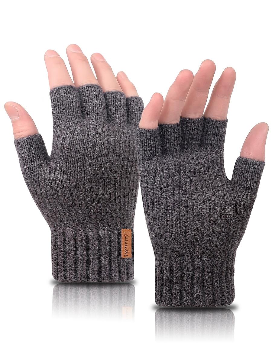 iwarm Men Letter Label Detail Fingerless Gloves - Dark Grey - View 1